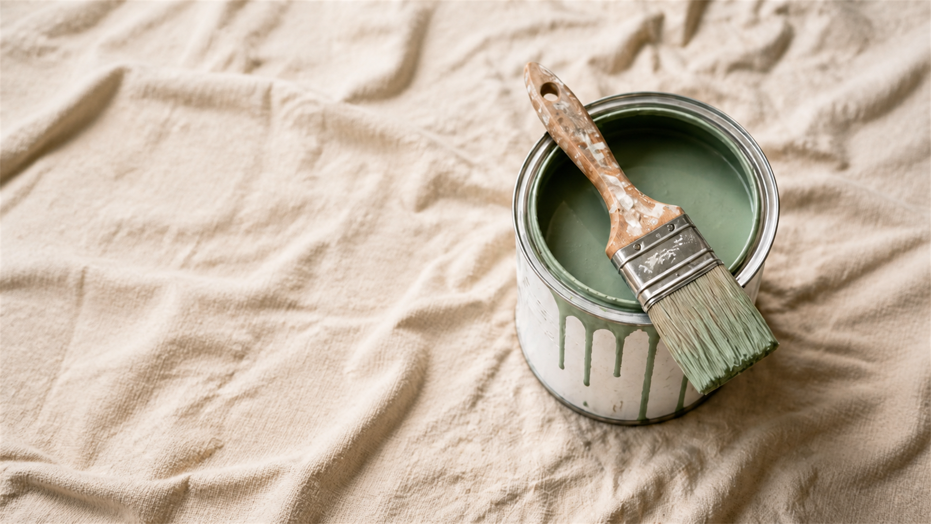 Open sage-green paint tin with a well-used brush resting on a canvas dropcloth